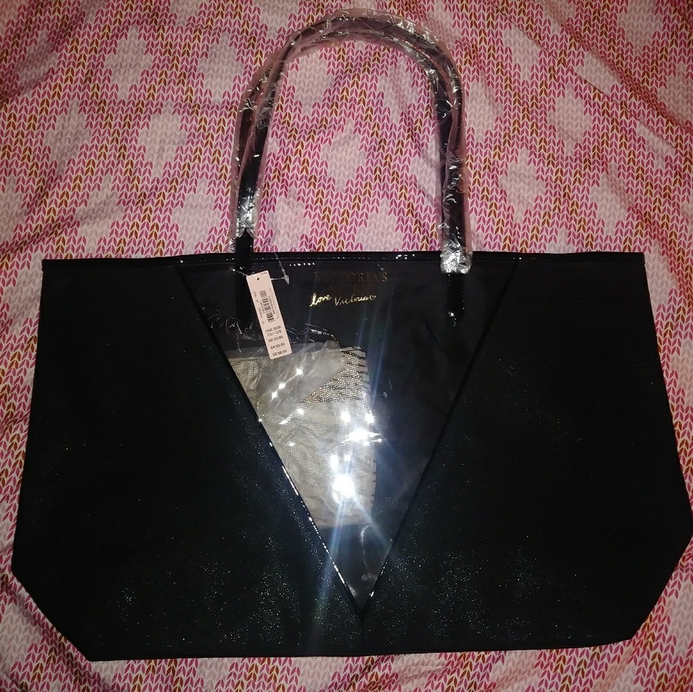 Victoria Secret shimmer black tote bag w/ pouch